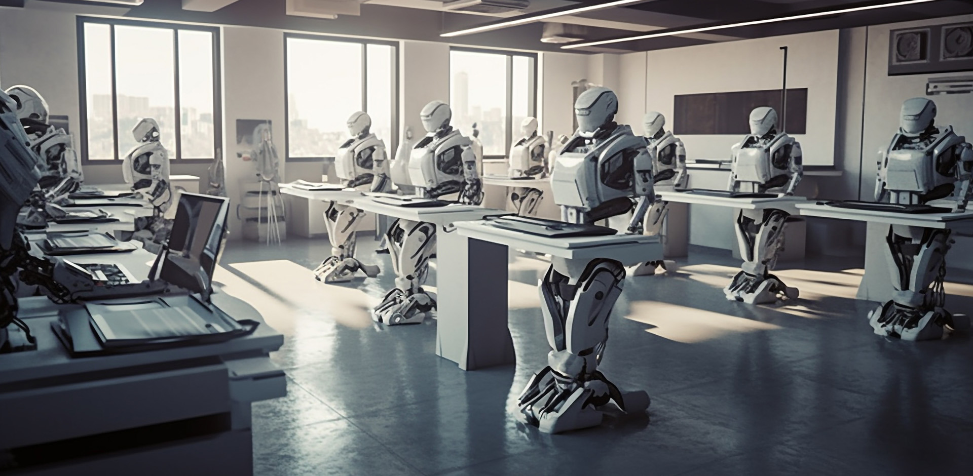 AI robots learning in a classroom