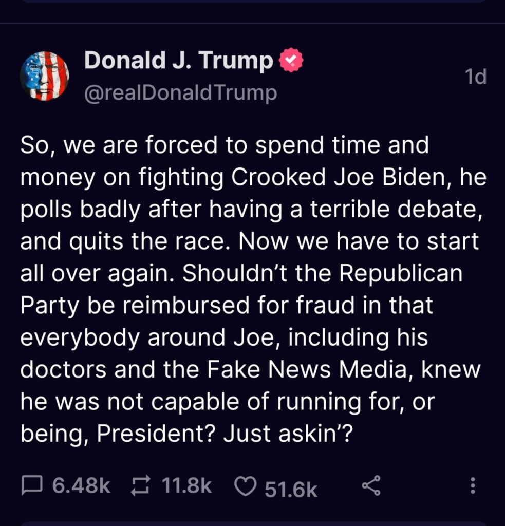 Donald Trump upset that Joe dropped out and wants a refund for convention.