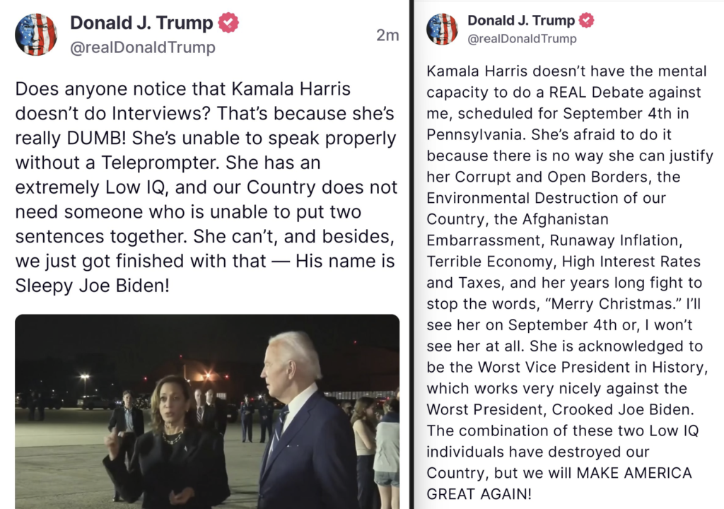 Donald Trump truth social tweets insulting Vice President Kamala Harris calling her DUmb and Low IQ