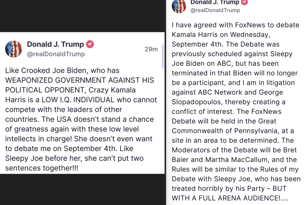 Donald Trump truth social tweets insulting Vice President Kamala Harris calling her DUmb and Low IQ