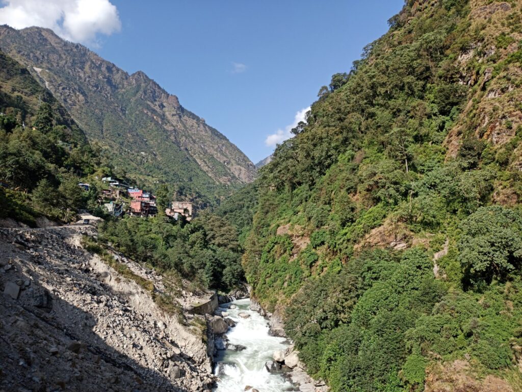 The Bhote Koshi River near the Nepal-China border in Sindhupalchok District; a glacial avalanche blocked the river and triggered Wednesday's deadly flash flood