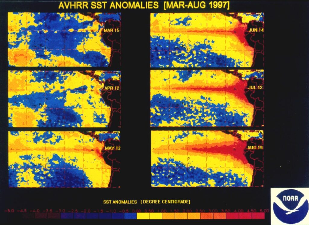 NOAA sea surface temperature anomaly map illustrating El Nino conditions