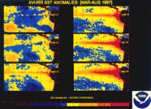 NOAA sea surface temperature anomaly map illustrating El Nino conditions