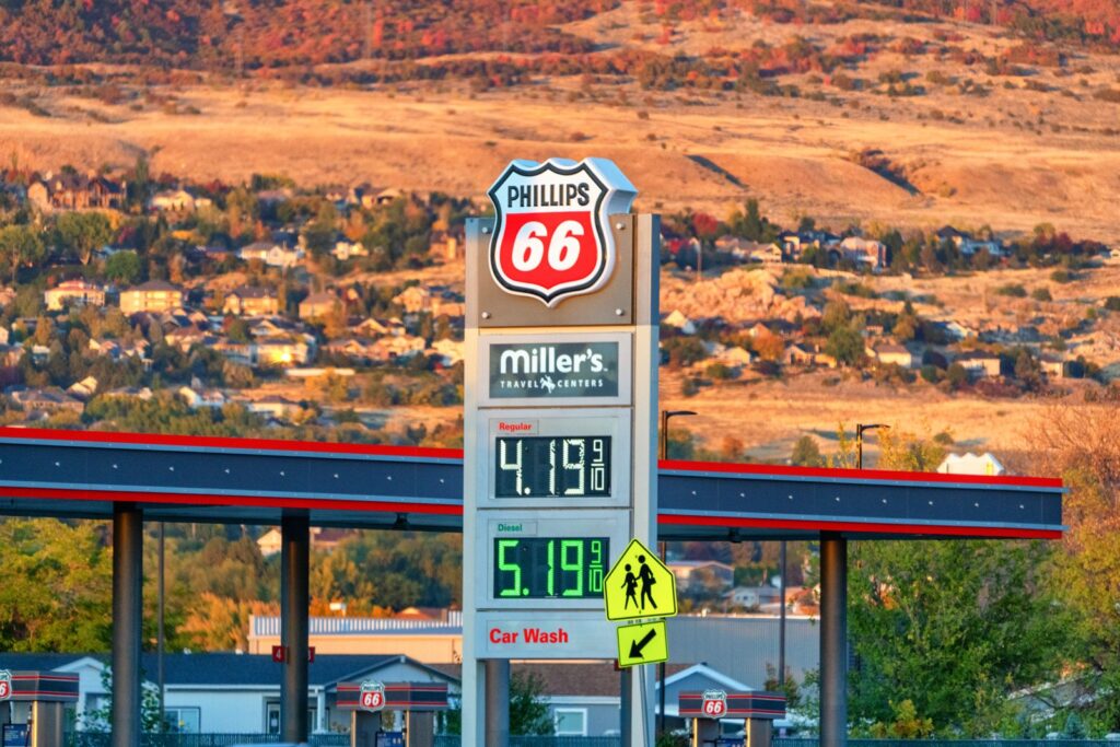 A gas station fuel price sign; the national average for regular gasoline has topped $4 every day in August 2026, an all-time first