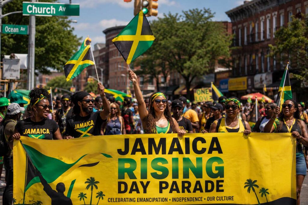 Marchers carry the Jamaica Rising Day Parade banner at Church Ave and Ocean Ave in Brooklyn
