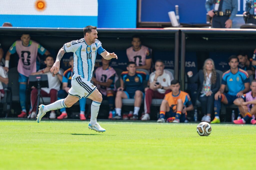 Lionel Messi playing for Argentina in the 2026 World Cup final against Spain, which turned out to be his last match for the national team