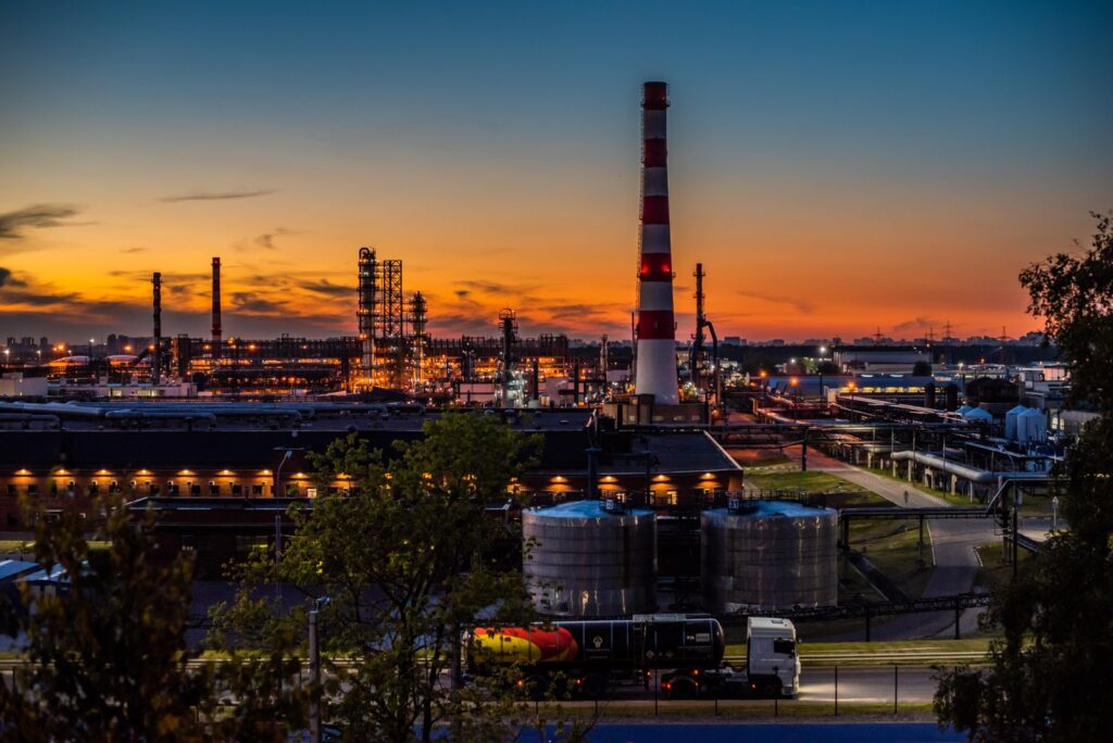 A Russian oil refinery; Ukrainian drones struck multiple Russian refineries in a wave of attacks overnight August 25-26, 2026