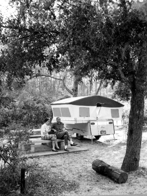 Campers set up at a tent site in a national forest, the kind of low-frills camping trip the 'tf not' trend mocks in favor of glamping