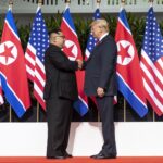 Trump and Kim Jong Un at their 2018 Singapore summit; Trump is reportedly pushing for another meeting with Kim this fall, though North Korea has not agreed