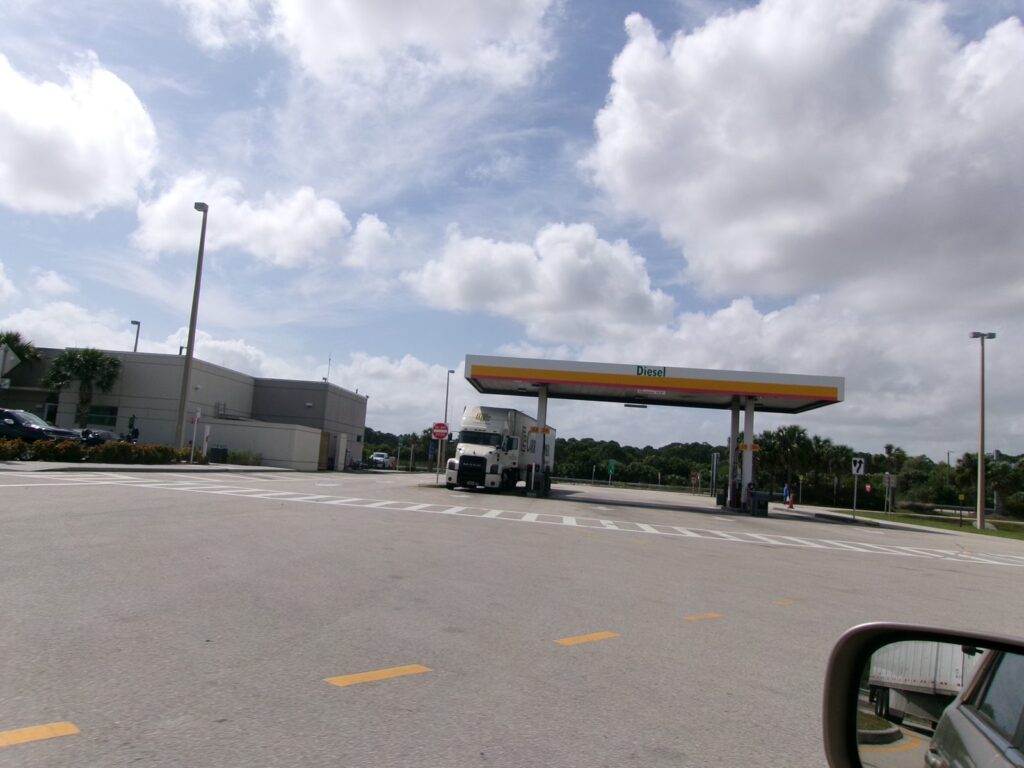 Diesel fuel pumps under a canopy at a highway truck service plaza in Florida