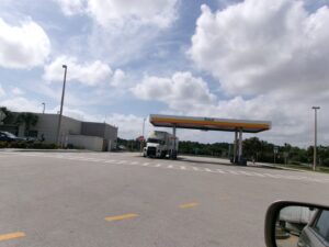 Diesel fuel pumps under a canopy at a highway truck service plaza in Florida