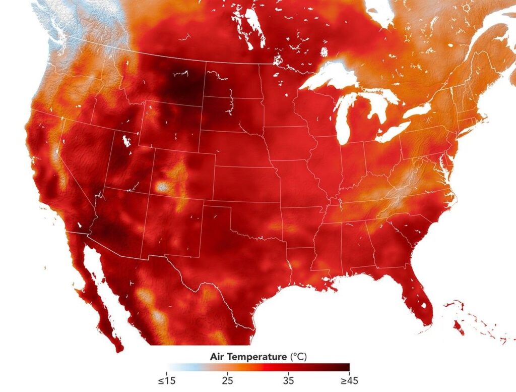 Satellite temperature map showing a heat dome of extreme air temperatures across the western United States