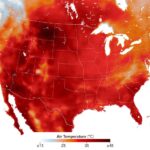 Satellite temperature map showing a heat dome of extreme air temperatures across the western United States