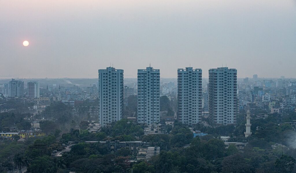 A city skyline at dawn
