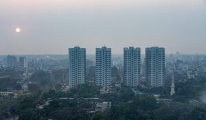 A city skyline at dawn