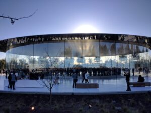 Exterior view of the Steve Jobs Theater at Apple Park in Cupertino, California, the venue for Apple's product events.