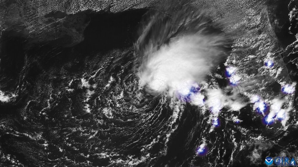A tropical storm in the Gulf of Mexico; Tropical Storm Edouard is forecast to hit the Texas-Louisiana coast Tuesday