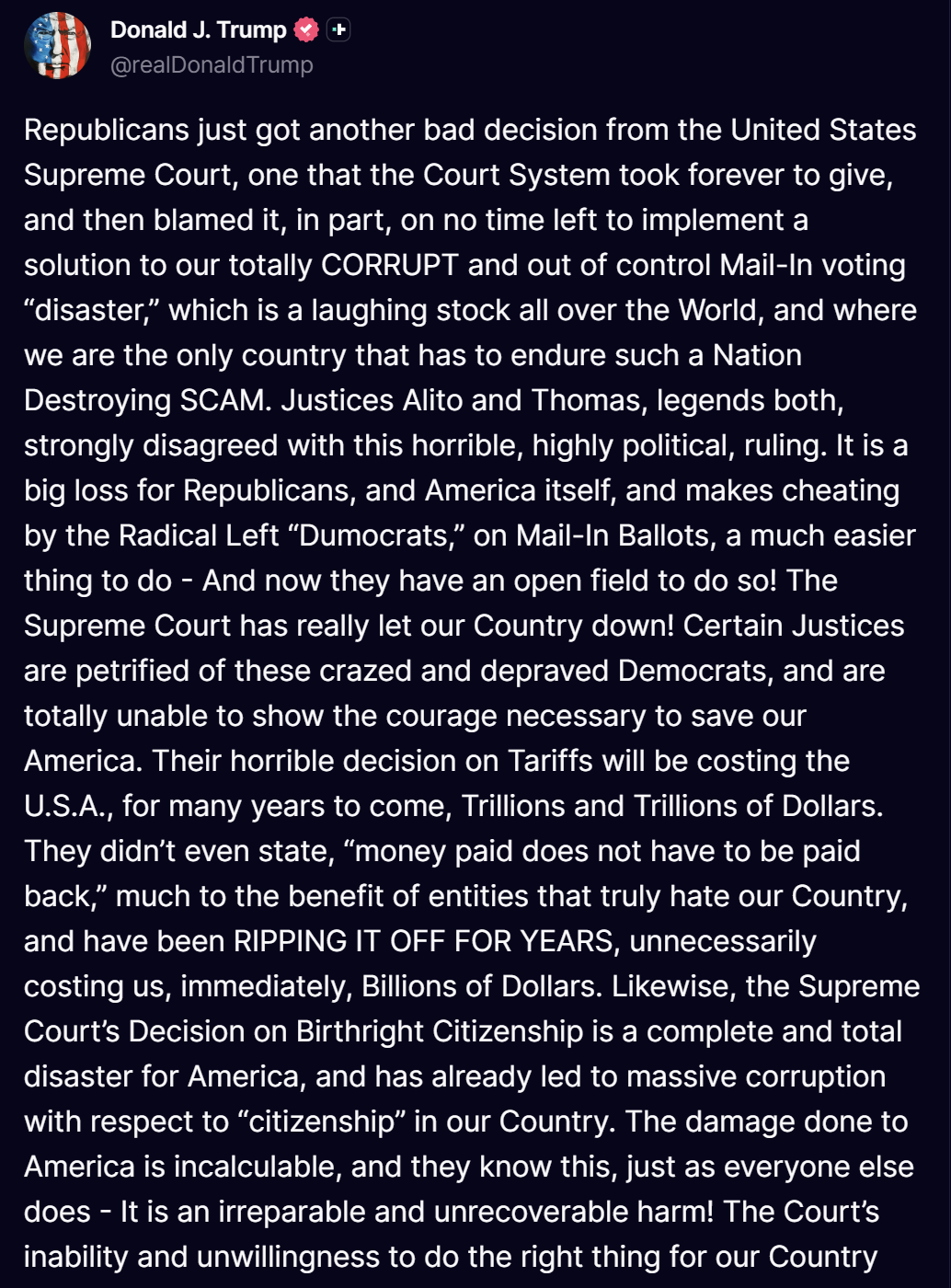 Trump Truth Social post reacting to the Supreme Court mail-in ballot ruling, part 1
