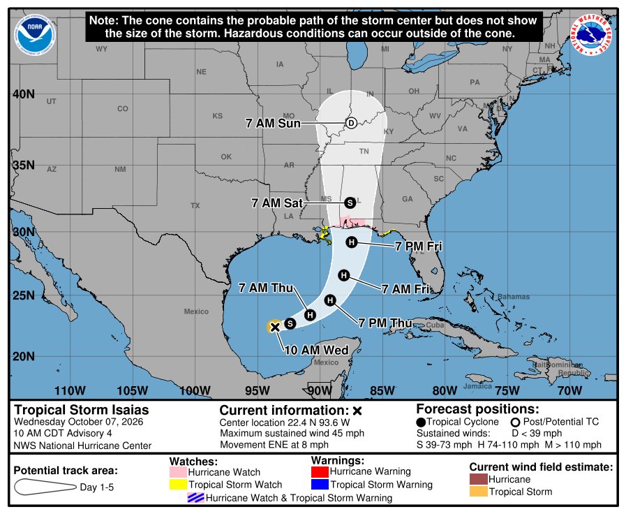 NHC forecast cone for Isaias with Gulf Coast watches