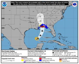 NHC forecast cone for Hurricane Isaias