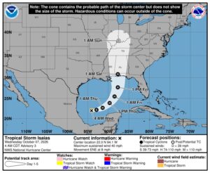 NHC forecast cone for Tropical Storm Isaias
