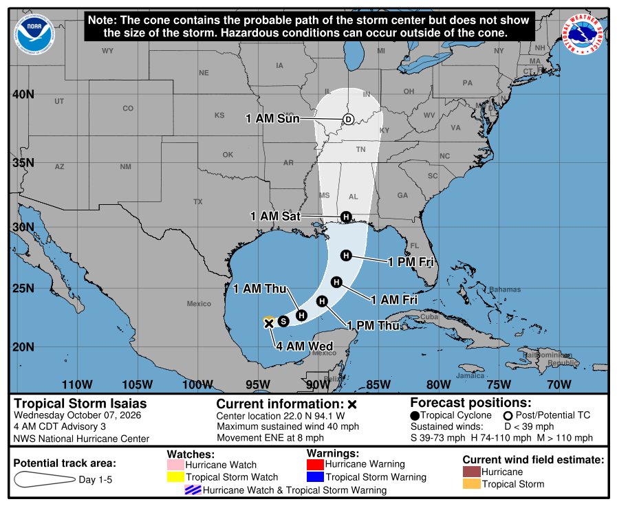 NHC forecast cone for Tropical Storm Isaias